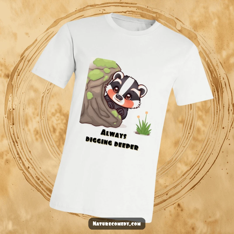 Funny curious badger t-shirt, peeking from behind a mossy log, eyes wide with wonder, expressing a cute and inquisitive personality.