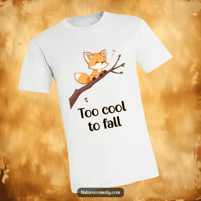 Funny playful fox cub t-shirt, balancing on a swaying branch, looking at the sky, showcasing a curious and adventurous personality.
