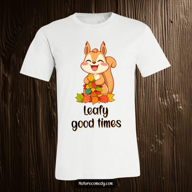 Funny squirrel t-shirt, grinning widely as it balances a tower of vibrant autumn leaves, showcasing whimsical humor.