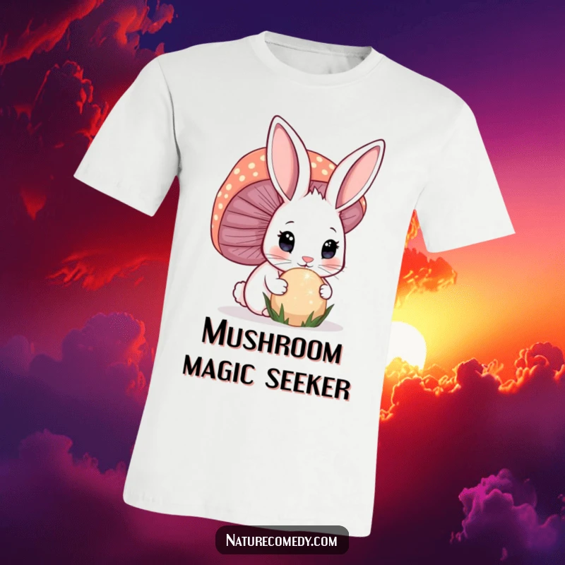 Funny bunny t-shirt, showing a curious bunny sniffing a large, sparkling mushroom with enchanted, wide eyes.