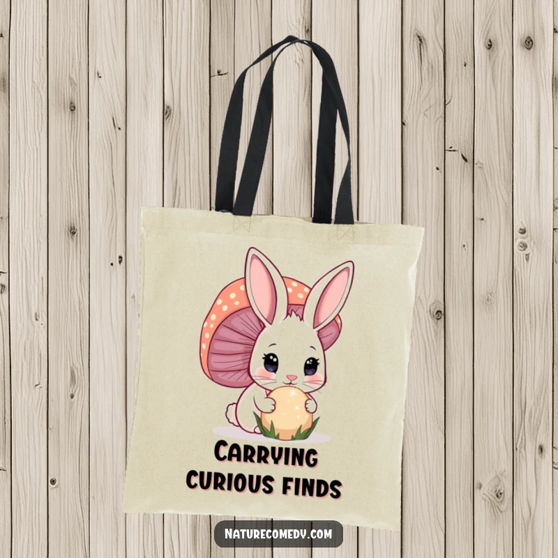 Funny bunny tote bag, a curious bunny sniffing a huge, sparkling mushroom, perfect for carrying magical items.