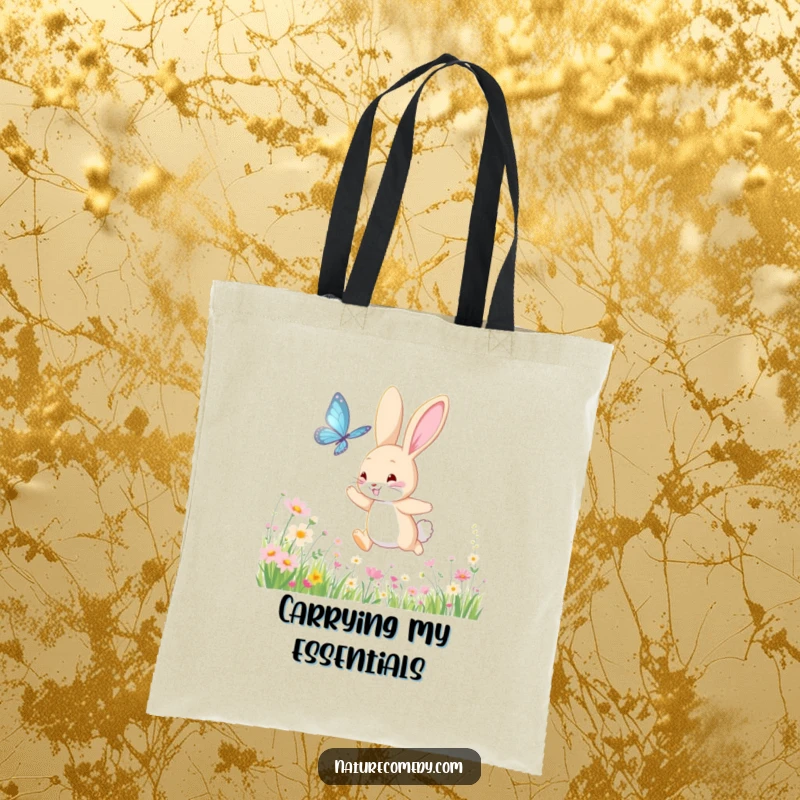Funny bouncing bunny tote bag, chasing a shimmering butterfly through a meadow of wildflowers, a practical and joyful accessory.