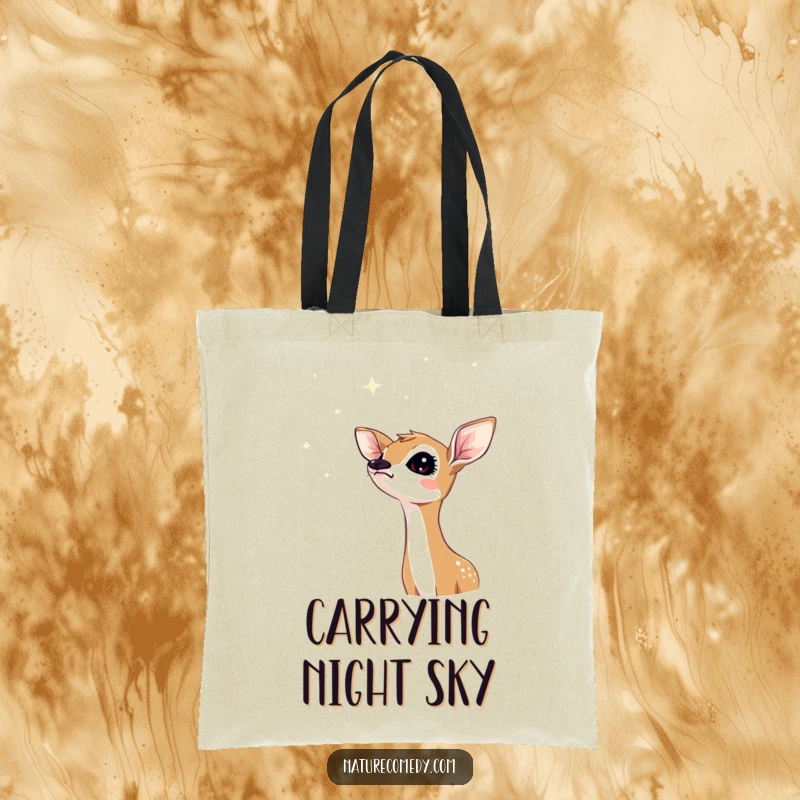 Funny fawn tote bag, a curious fawn looking up at a sky of shimmering stars, great for carrying essentials.