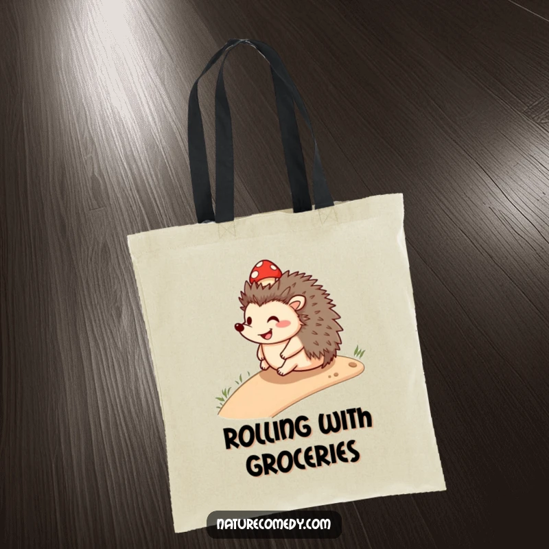 Funny smiling hedgehog tote bag, rolling downhill with a small mushroom cap, a cute and functional accessory for daily use.